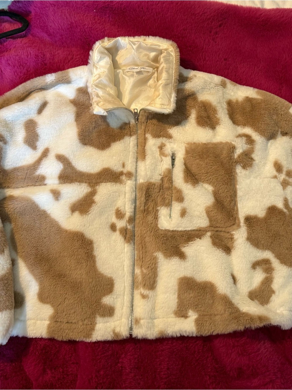 Faux Fur Cow Print Jacket - Cream & Brown, Cloud Ten size M